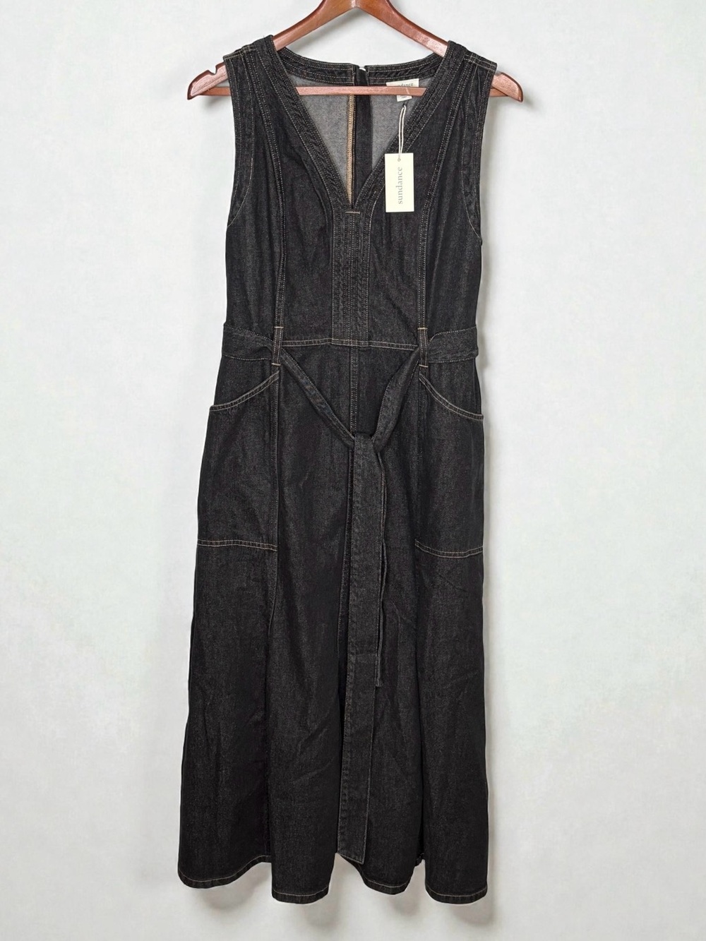 NWT Sundance Poppy Denim Dress Black Midi Belted • Size 14 • 100% Cotton - Picture 3 of 12
